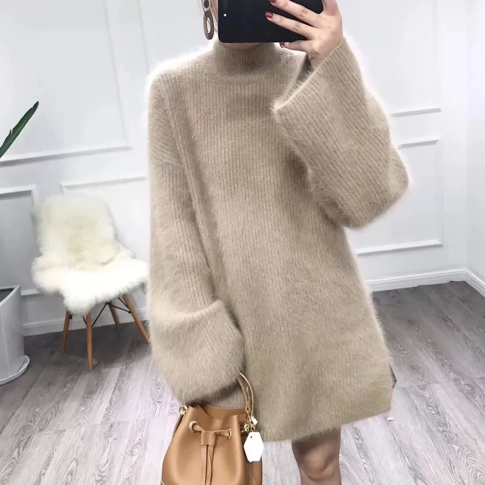 High Quality New Mink Velvet Solid Trumpet Sleeve Sweaters Coats 2024 Autumn Winter Thicken Warm Turtleneck Casual Knit Pullover - Image 3