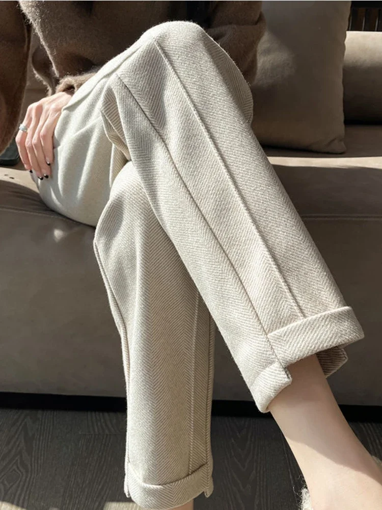 High-waisted Tweed Straight Pants 2025 Autumn/Winter New Women' S Pants Loose Casual Herringbone Warm Thickened Cropped Pants - Image 3