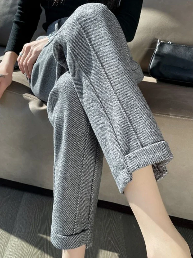 High-waisted Tweed Straight Pants 2025 Autumn/Winter New Women' S Pants Loose Casual Herringbone Warm Thickened Cropped Pants - Image 6