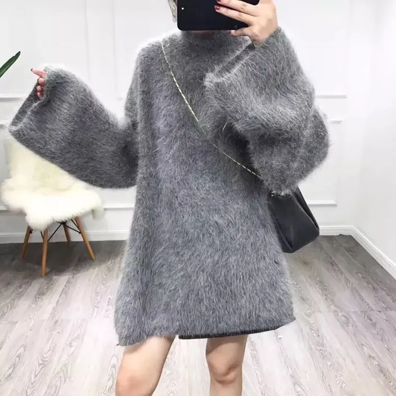 High Quality New Mink Velvet Solid Trumpet Sleeve Sweaters Coats 2024 Autumn Winter Thicken Warm Turtleneck Casual Knit Pullover - Image 2
