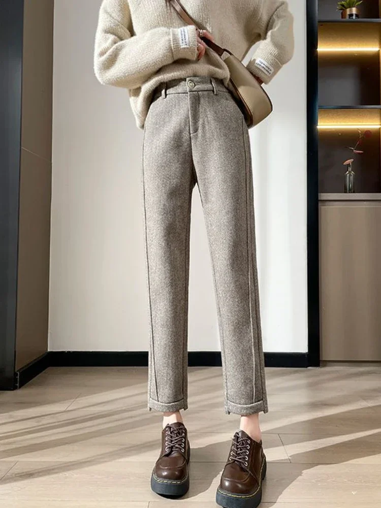 High-waisted Tweed Straight Pants 2025 Autumn/Winter New Women' S Pants Loose Casual Herringbone Warm Thickened Cropped Pants - Image 4