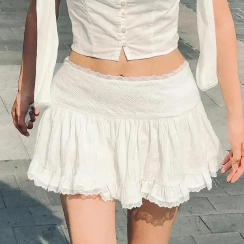 Balletcore Ruffled Mini Skirt 2025 Elegant Lace Patchwork Trim Low Rise Tiered White Skirt Summer Women Vintage Y2K Goth Outfit - Image 2